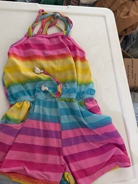 Nannette Rainbow Striped Halter Romper - Pink, Yellow, Blue, Green